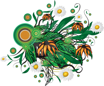 Floral ornament with orange flowers, green leaves and daisies on white background.