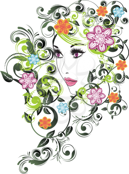 Fashion summer girl, female portrait with decorative floral ornament.