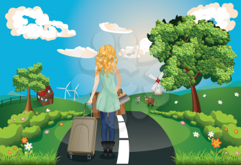 Summer green rural landscape with a road, trees and girl tourist illustration.