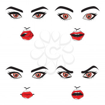 Female face with brown eyes and red lips in different emotions design.