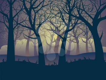 Deciduous forest landscape with silhouettes of trees and grass in green mist.