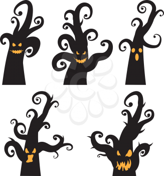 Black silhouettes of creepy halloween trees on white background.