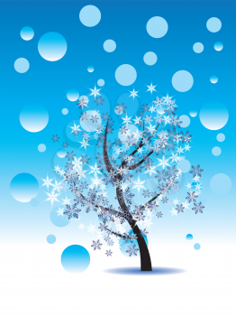 Tree with decorative snowflakes, abstract winter background. 