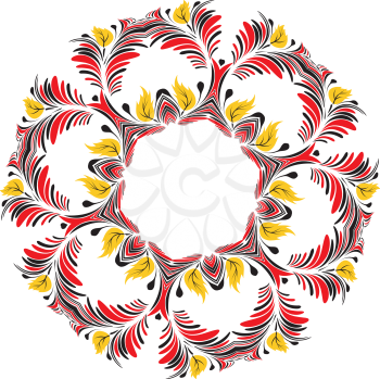 Decorative round ornament made of black and red floral elements.