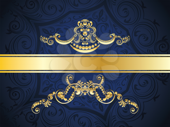 Vintage blue background with decorative gold ribbon and floral ornament.