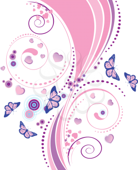 Pink floral ornament with swirls, butterflies and hearts on white background.