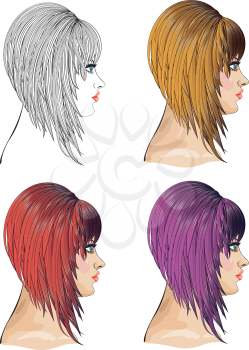 Woman with bob hair in different colors, fashion illustration.