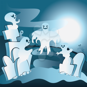 Old cartoon cemetery with ghosts at night.