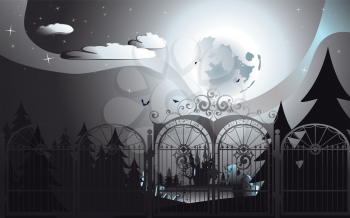 Halloween background with spooky old graveyard with iron gate.