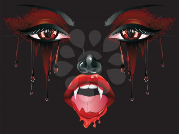 Abstract female vampire face with festival eye makeup and red lips.