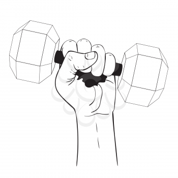 Human hand holding dumbbells, sports themed illustration.