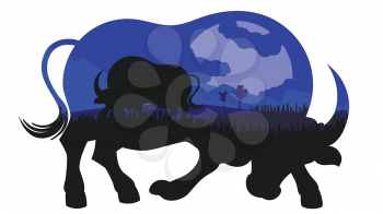 Illustration of night landscape inside of a bull silhouette design.
