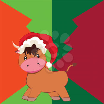 Cute cartoon bull wears Santa hat, Christmas, New years themed illustration.