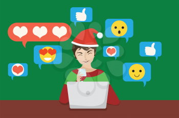 Cartoon man with a laptop wears a Christmas hat, chatting online in social media, concept illustration.