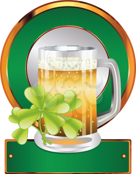 Glass of beer and clover leaves on white background.