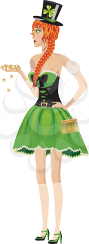 Beautiful red haired leprechaun girl with gold coins on white background.