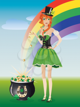 Beautiful red haired leprechaun girl with pot of gold coins on white background.