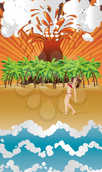 Cartoon girl on tropical beach with palm trees and exploding volcano.