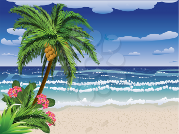 Summer beach with palm tree, flowers and blue sea.