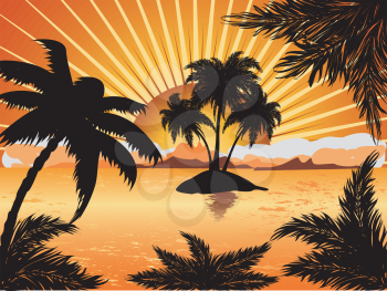 Palm trees silhouette on sunset tropic beach background.