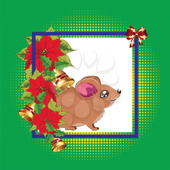 Decorative christmas, new years greetings with brown rat and poinsettia.