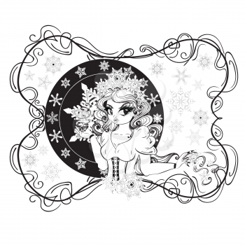 Cartoon snow queen with snowflakes, black and white vintage illustration.