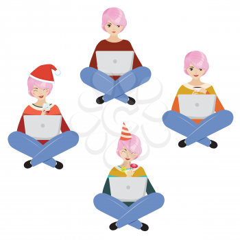 Cartoon girl with pink hair work on a laptop, distant learning, work, or chatting online concept.