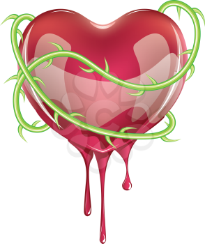Red bleeding heart icon with green rose thorns on white background.