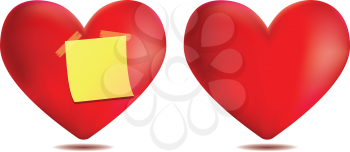 Valentine red heart with yellow sticky note paper on white background.
