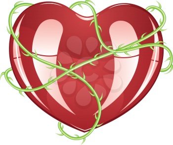 Red glossy heart icon with green rose thorns on white background.