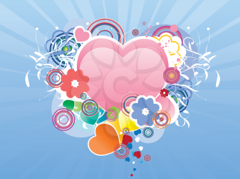 Illustration of big pink heart and flowers on blue background.