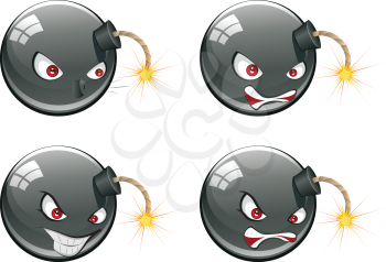 Black round bomb with an evil face about to explode.