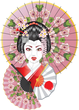 Portrait of geisha with oriental fan and decorative umbrella illustration.