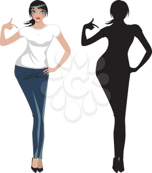 Illustration of a woman wearing blank white t-shirt and jeans.