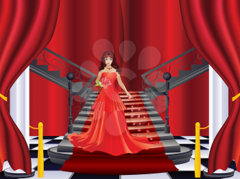 Fashion woman stands at the stairs with red carpet.