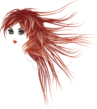 Beautiful girl with long lashes and red hair blown by the wind.