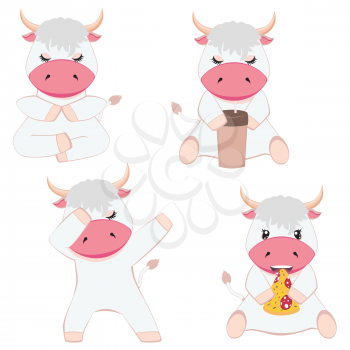 Little cute cartoon white bull in various poses illustration.