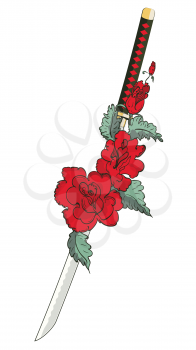 Japanese katana sword and red rose flowers with leaves illustration.