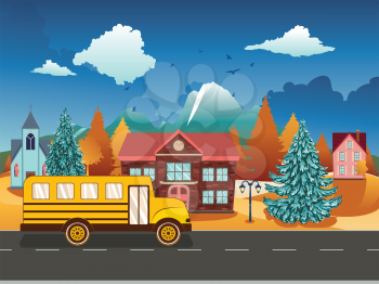 Rural school building and yellow bus illustration.