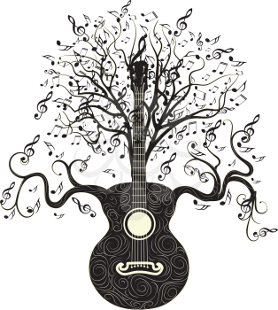 Vintage guitar silhouette with tree branches illustration.