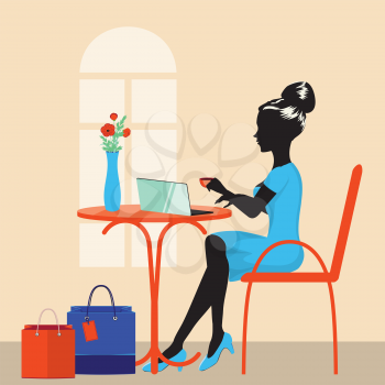 Cartoon woman with shopping bags working on laptop in cafe background.