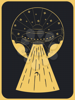Abstract flying ufo ship vintage poster design, flying saucer illustration.