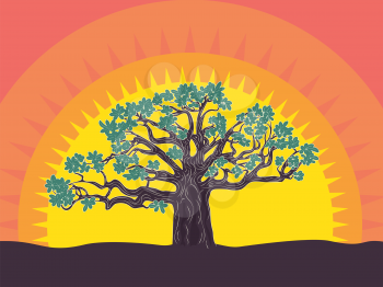 Stylized silhouette of big tree at the sunset landscape background.