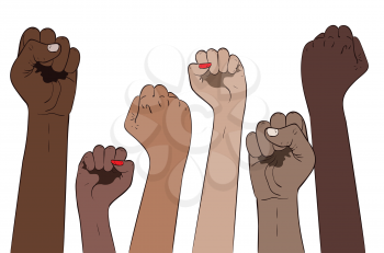 Protest concept banner, raised up fists in different skin color illustration.
