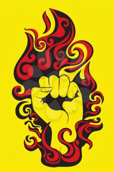 Abstract fist raised up inside of burning flame illustration.