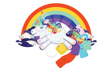 Cute cartoon unicorn with colorful rainbow illustration.