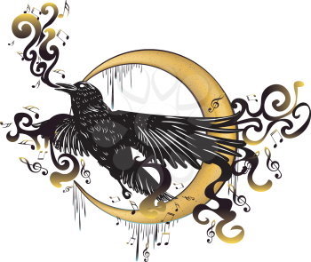 Stylized crow with music notes surrounded by black smoke.