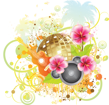 Abstract tropical background with disco ball, palm trees, hibiscus flower and guitar.
