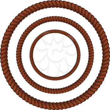 Three brown ropes in different sizes on white background.