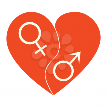Symbolic gender signs inside of a heart, heterosexual relationship.